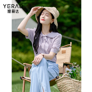 新款 法式 女短袖 洋氣蝴蝶結(jié)上衣紫色雪紡衫 2025夏季 婭麗達(dá)兔耳襯衫