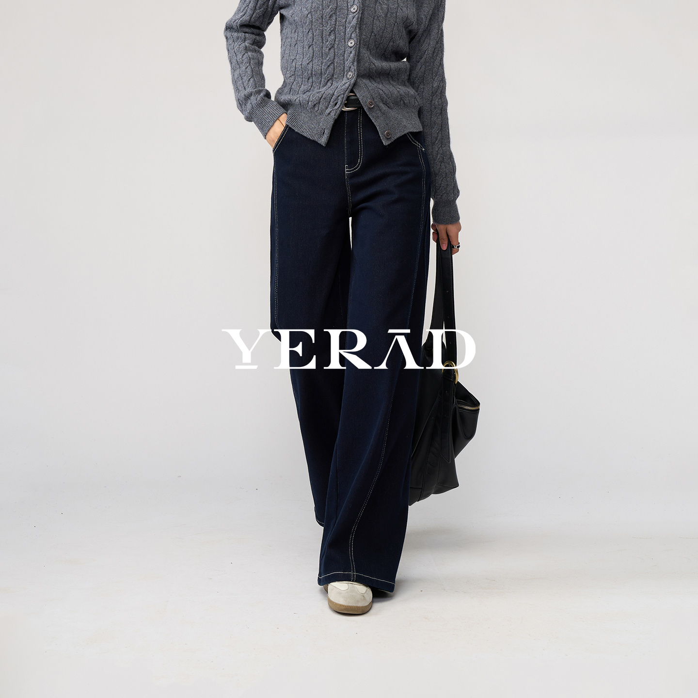 娅丽达加绒牛仔阔腿裤冬女