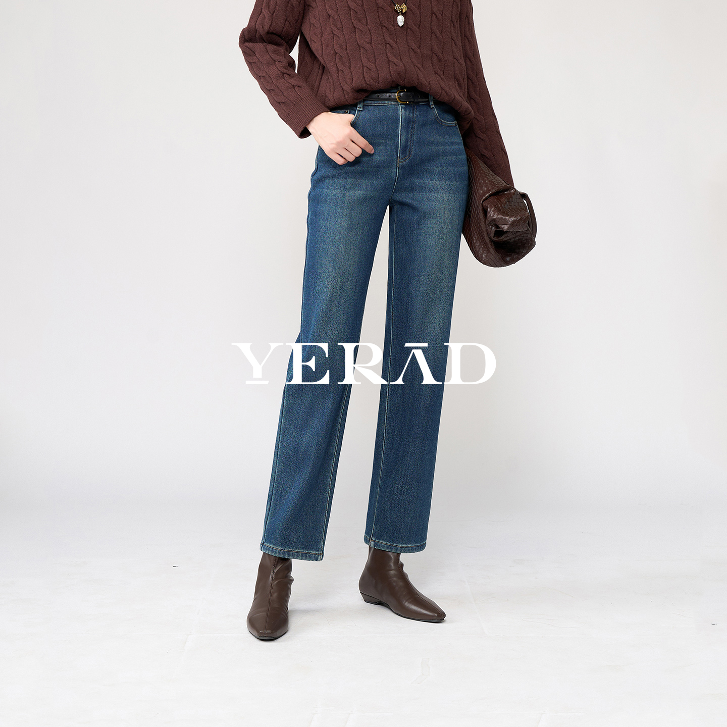 娅丽达锁色弹力直筒牛仔裤秋冬新