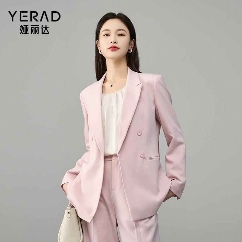 娅丽达宽松气质双排扣西装外套女2025春装新款高级感通勤粉色西服