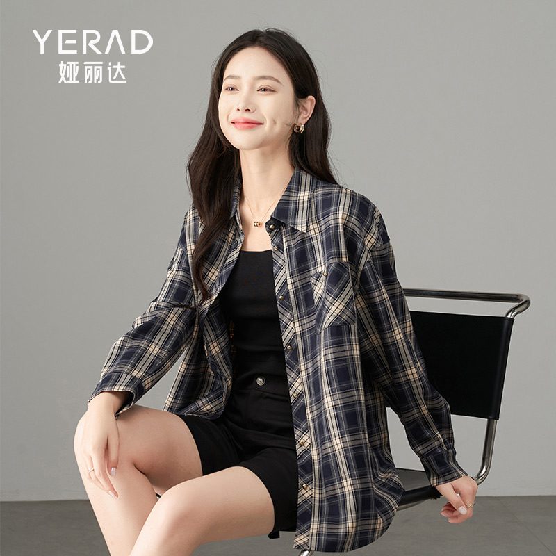 娅丽达港风复古格子衬衫女2025春季新款大码女装宽松衬衣叠穿外套