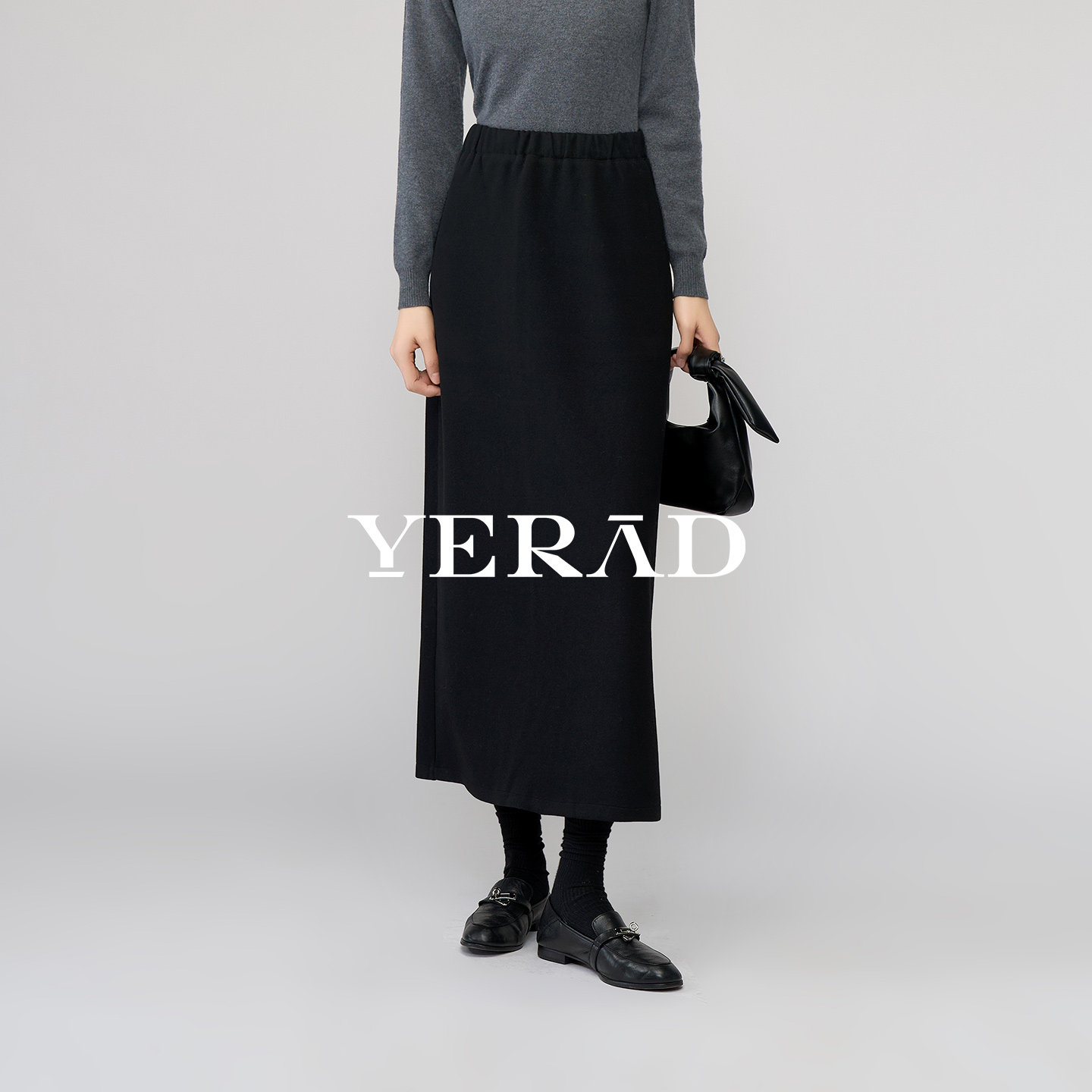 娅丽达松紧腰醋酸毛呢半身裙女黑色裙子开叉直筒长裙