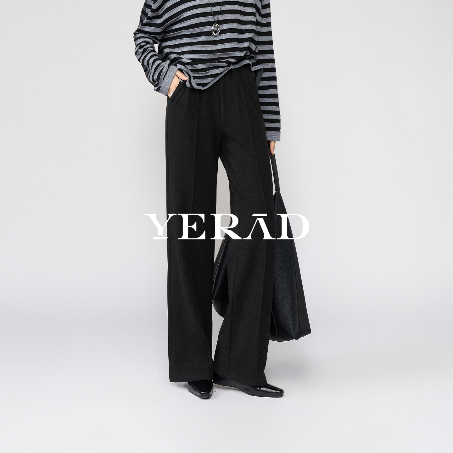 娅丽达黑色羊毛醋酸直筒裤女冬