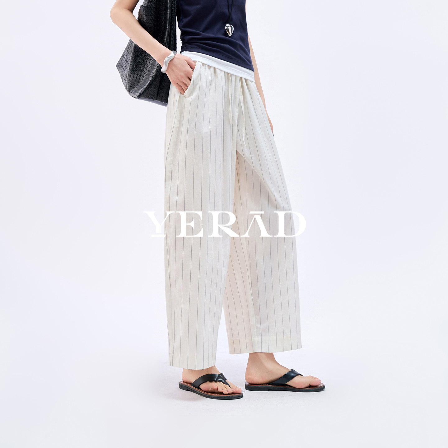 娅丽达100%棉度假风阔腿裤女夏薄款2026新款休闲女裤宽松条纹裤子