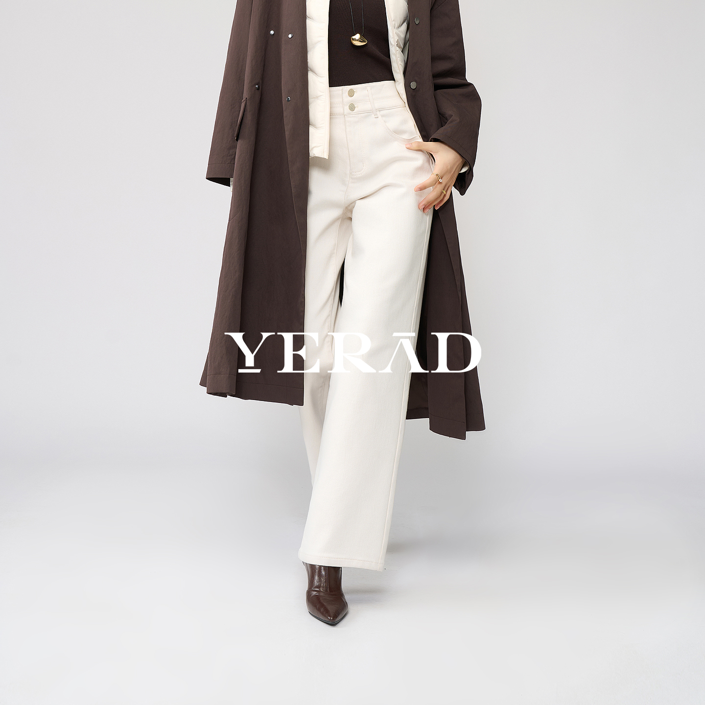 娅丽达暖绒弹力阔腿牛仔裤女冬