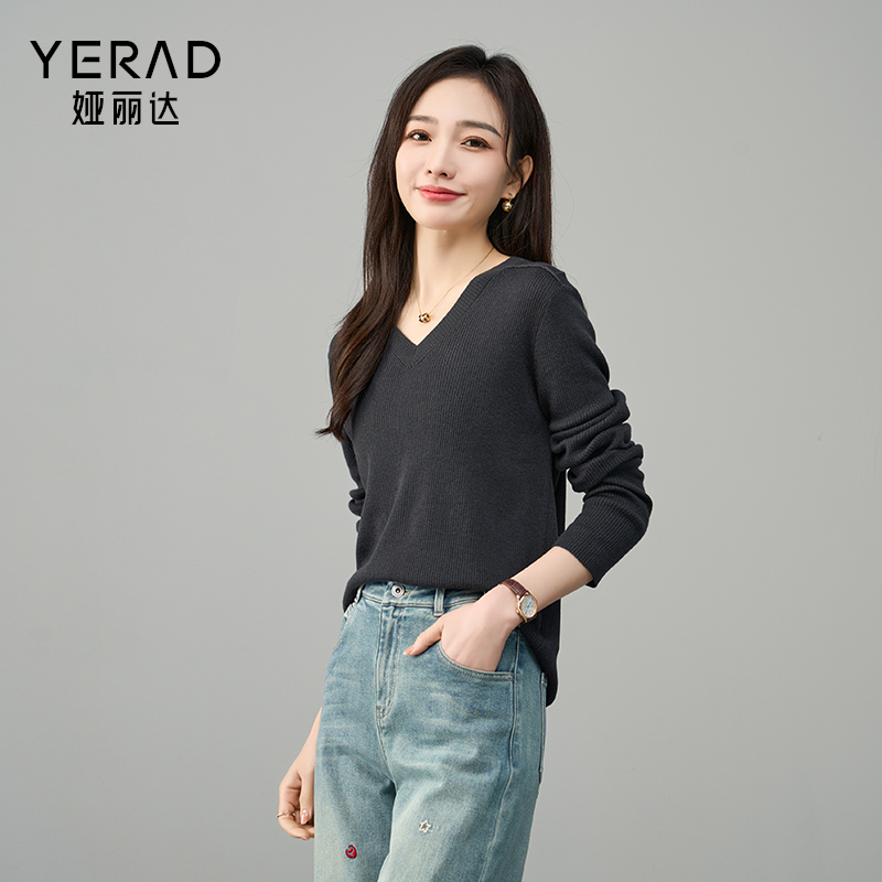 娅丽达宽松长袖v领针织衫女