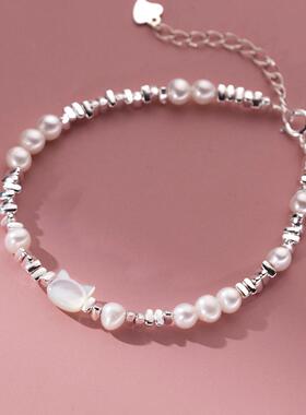 925纯银猫咪珍珠碎银手链