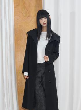 AXIS OF 黑色复古长款连帽收腰毛呢大衣女冬季气质修身毛呢外套