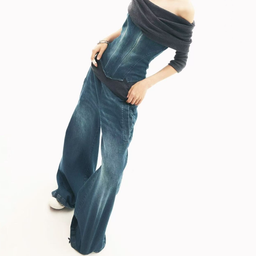 AXIS OF 复古水洗蓝色宽松微喇牛仔裤女秋冬气质黑色阔腿长裤子