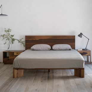 野木1978 双人床主卧大床头黑胡桃原木侘寂简约中古风 荒野大床