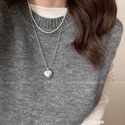 银色双层叠戴珍珠爱心项链女长款高级感小众毛衣链轻奢冷淡风配饰