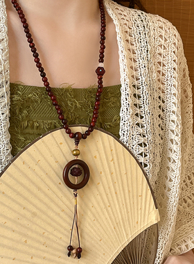 民族风长款红色莲花项链女新中式复古高级感毛衣链小众挂脖配饰品