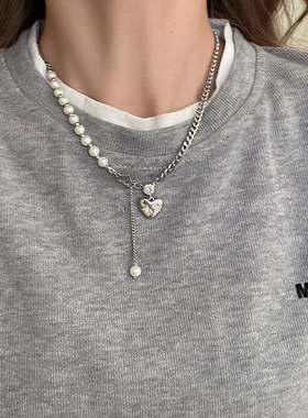 银色拼接珍珠钛钢项链女轻奢高级感嘻哈锁骨链小众设计百搭毛衣链