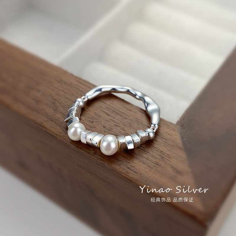 拼接碎银珍珠戒指女复古高级感小众设计食指戒冷淡风轻奢指环尾戒