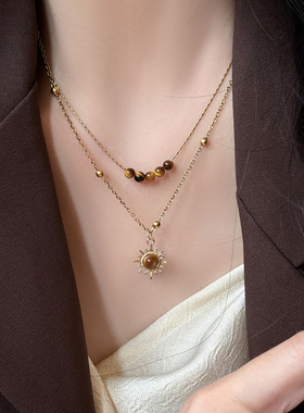 复古双层金色太阳花虎眼石项链女小众设计高级感叠戴锁骨链配饰品