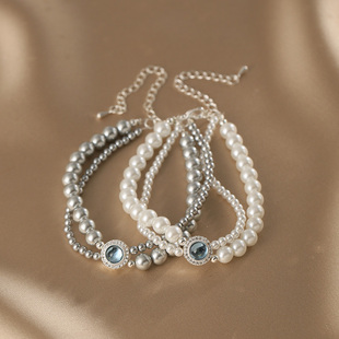 双层海宝蓝珍珠手链女轻奢小众精致手串2025新款复古高级感手饰品