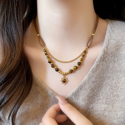 美拉德虎眼石太阳花吊坠项链女气质百搭高级感毛衣链小众轻奢配饰