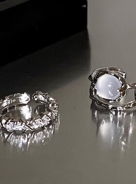 两件套冷淡风ins月光石镶钻开口戒指女潮小众设计素圈食指戒指环