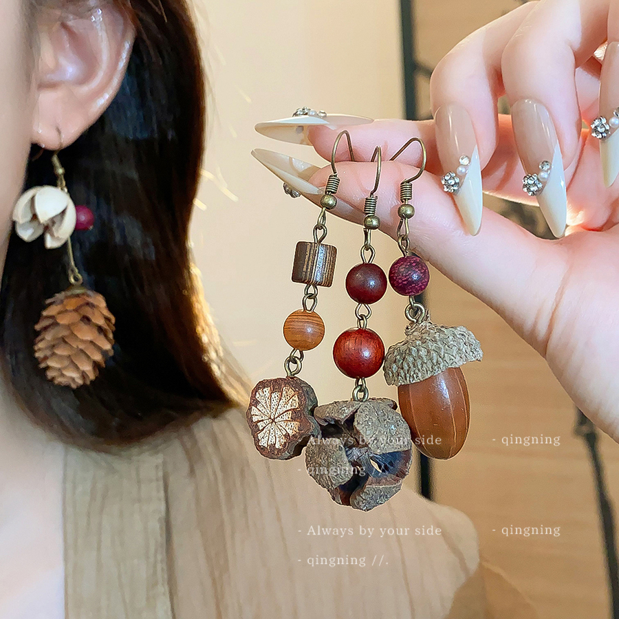民族风植物橡果耳环女新中式高级感长款耳坠小众设计独特复古耳饰