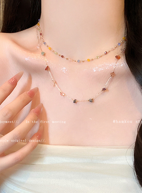多巴胺彩色双层叠戴水晶项链女轻奢小众精致锁骨链气质百搭配饰品