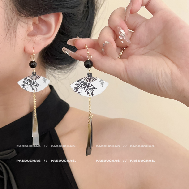 新中式复古长款墨竹扇子耳环女气质高级感耳坠旗袍马面裙小众耳饰
