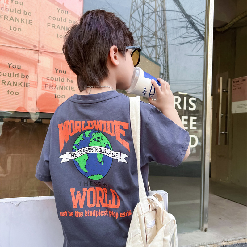 男童短袖t恤灰色2025夏季地球印花儿童宽松休闲男生纯棉圆领童装