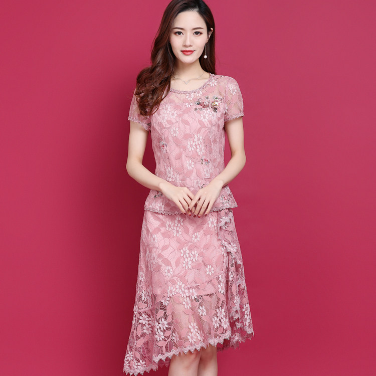淑女粉红玛丽2023夏装新款蕾丝上衣半身裙套装蕾丝衫套裙修身小衫