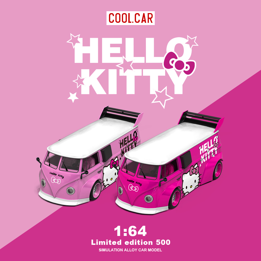 CC 1:64 大众T1 HELLO KITTY KT猫涂装 淡粉色 仿真合金汽车模型