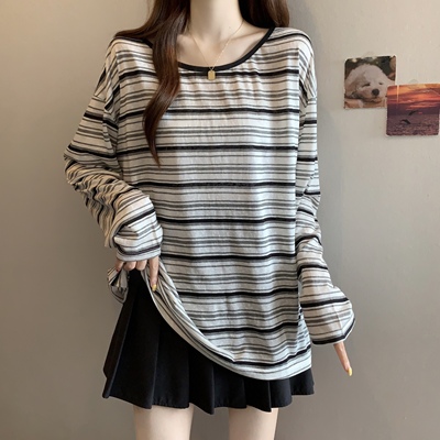 实拍大码韩系条纹长袖巨好看打底衫女秋季宽松慵懒薄款t恤上衣