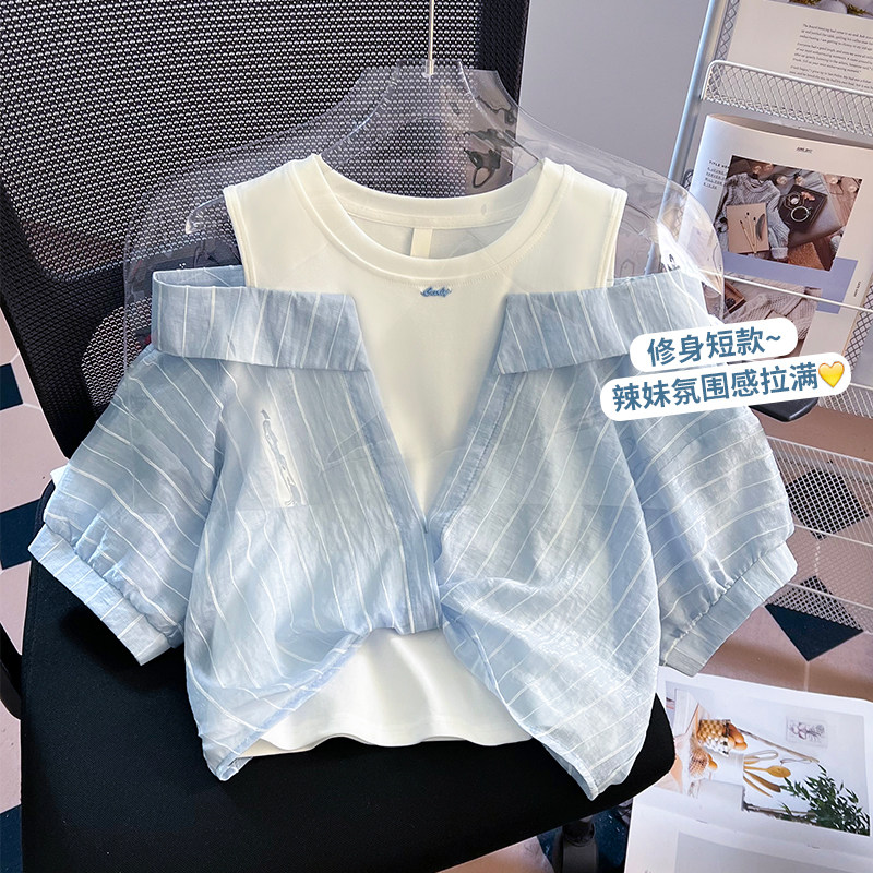 实拍假两件露肩条纹上衣夏设计感小众港味复古chic短款收腰上衣