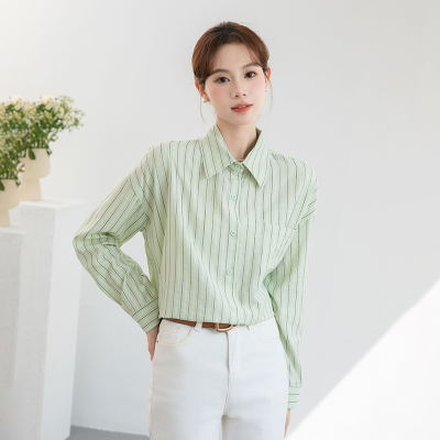 实拍条纹衬衫女2025早秋季新款绿色通勤OL气质上衣宽松衬衣