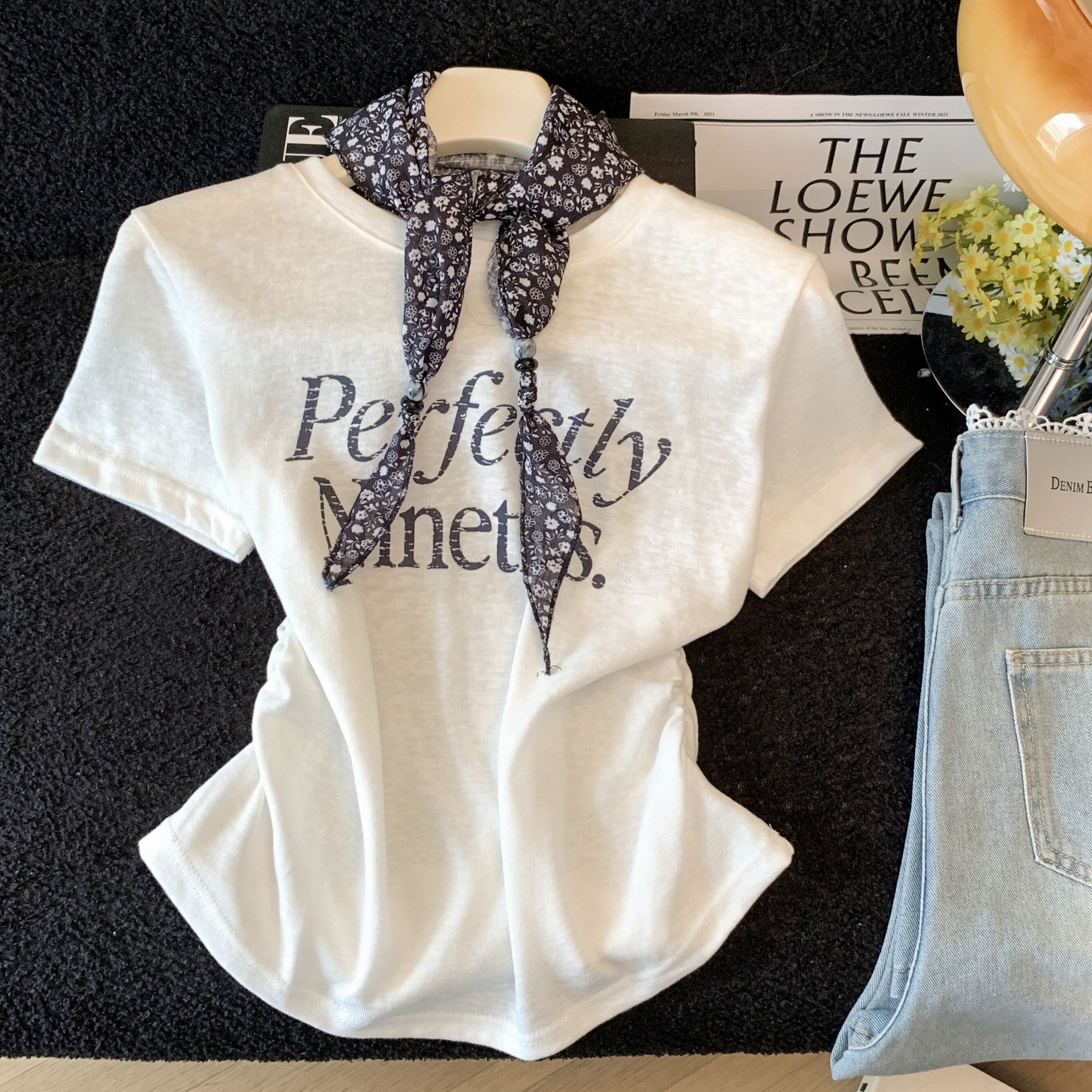 高级感搭配丝巾t恤女短袖2026新款夏季薄款掐腰修身上衣潮