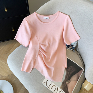 韩版 实拍 大货2026夏季 新款 女 不规则设计感显瘦T恤上衣冰丝针织衫