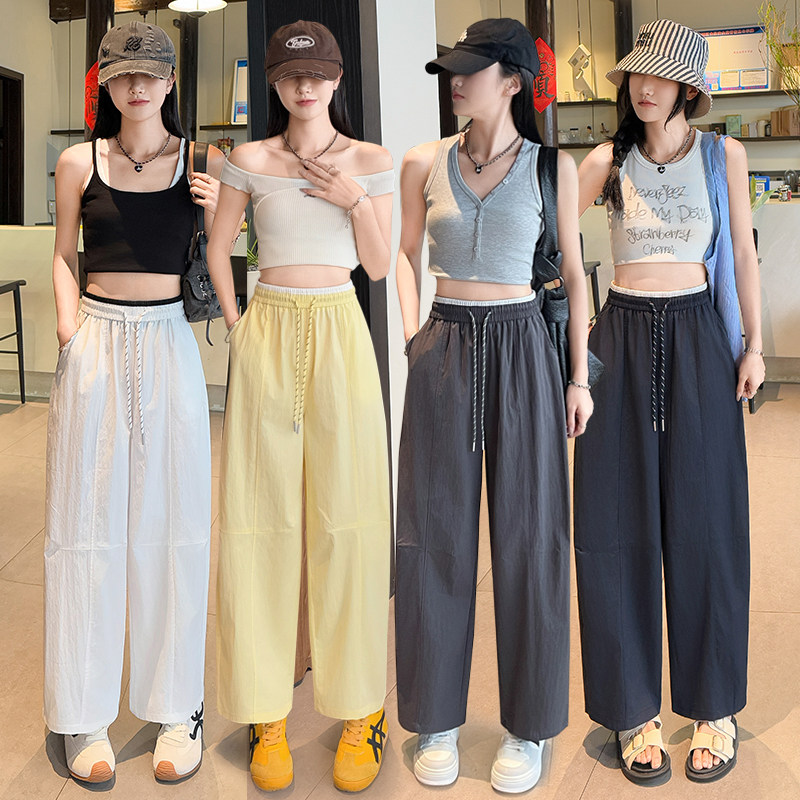 实拍冰丝撞色拼接速干气球裤女2026夏季慵懒休闲九分阔腿运动裤子