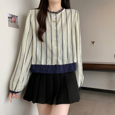 实拍秋装新款日韩女装短款小衫蕾丝花边长袖衬衫法式小资小上衣