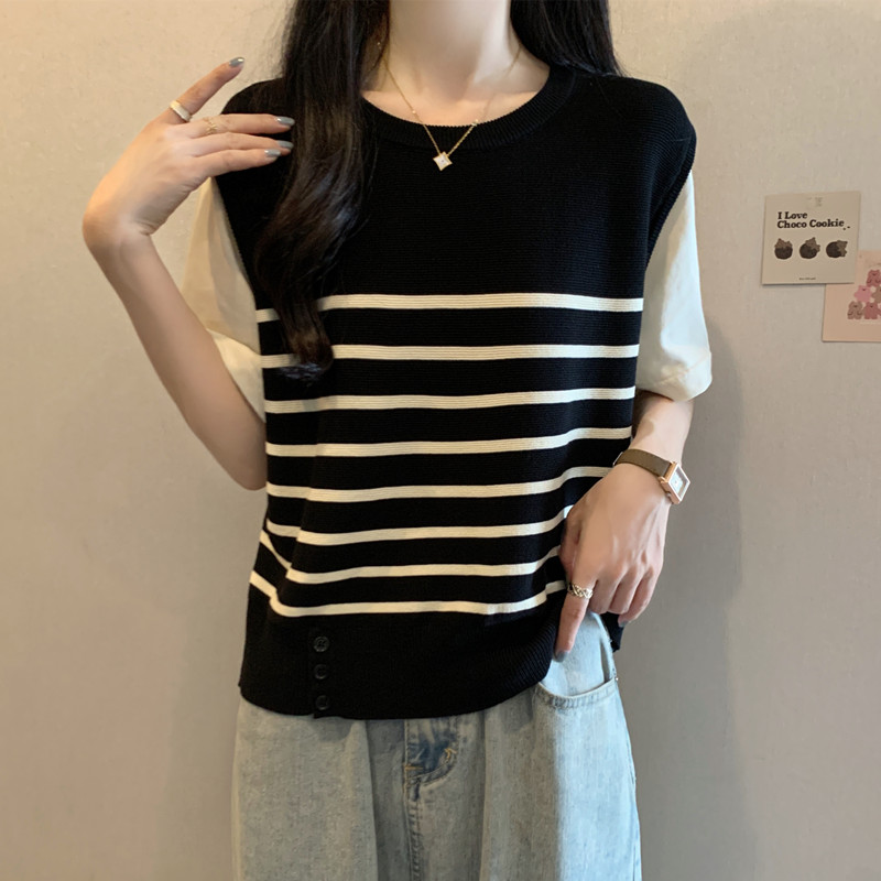 实拍 胖妹妹夏装大码女装假两件拼接短袖T恤显瘦设计感别致上衣