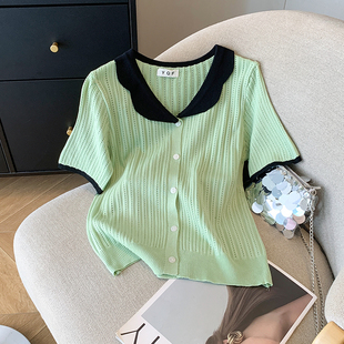 设计感撞色娃娃领短袖 实拍 大货2026夏季 新款 女 上衣T恤冰丝针织衫