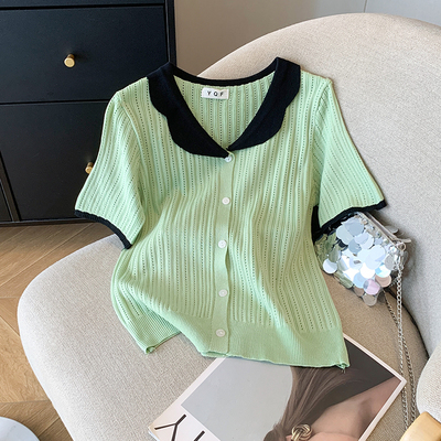 实拍 大货2026夏季新款设计感撞色娃娃领短袖上衣T恤冰丝针织衫女