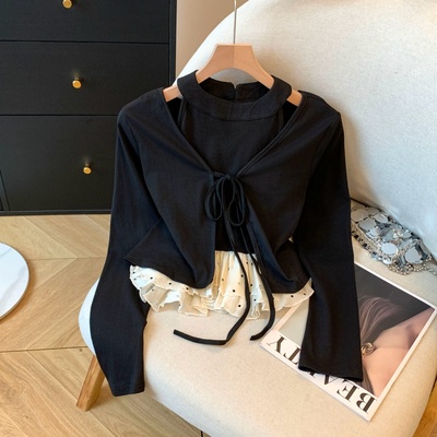 实拍现货早秋新款复古法式设计感针织开衫+波点拼接背心套装女