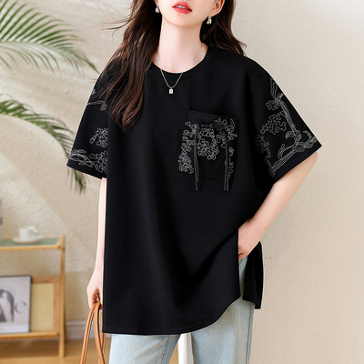 实拍 圆领刺绣宽松短袖T恤2026春季洋气休闲百搭慵懒时尚大码上衣