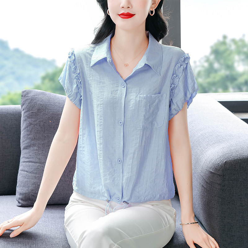 法式气质高级感衬衫夏装新款短袖木耳边花苞漂亮妈妈上衣女士小衫