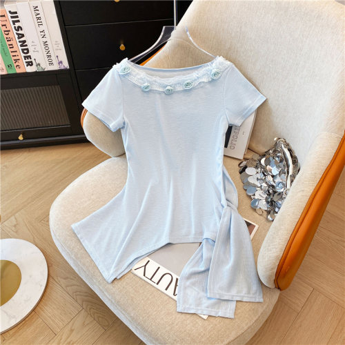 实拍现一字领立体花朵短袖t恤女夏款抽绳不规则针织衫辣妹