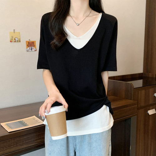 实拍 大码女装夏装2026年新款胖妹妹假两件短袖T恤显瘦遮肚子上衣