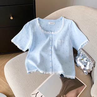 新款 2026夏季 大货 女 T恤短款 冰丝针织衫 设计感镂空圆领短袖 实拍