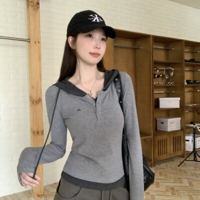 实拍 大码胖妹妹复古撞色拼接连帽长袖T恤修身显瘦百搭上衣