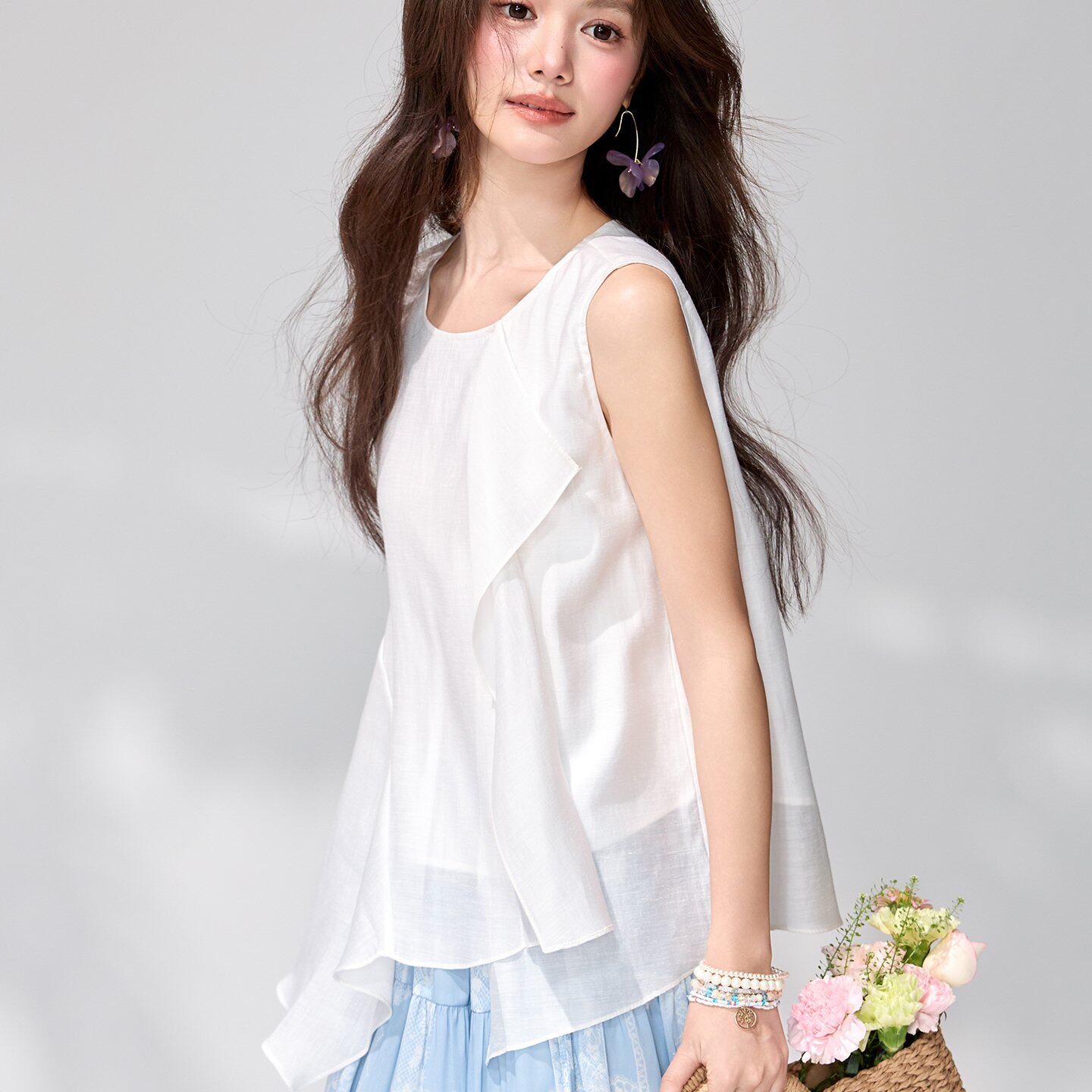 已出货无袖雪纺衫女夏季法式不规则荷叶边遮肉显瘦气质小飞袖上衣