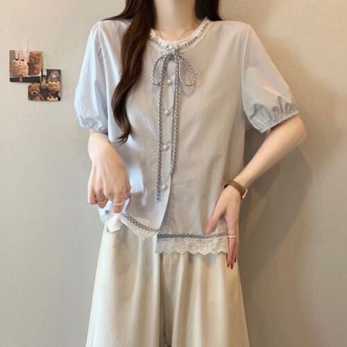 实拍 大码女装2026夏季新款设计感系带时尚花边拼接显瘦短袖小衫