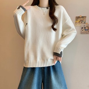 實(shí)拍大碼 女胖MM刺繡軟糯寬松遮肚毛衣上衣 秋冬刺繡撞色圓領(lǐng)針織衫