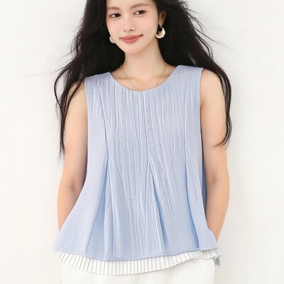 已出货2026夏季新款韩系假两件无袖衬衫减龄外穿百搭通勤背心上衣