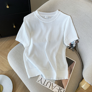 圆领镂空气质T恤上衣冰丝针织衫 实拍 女 短袖 韩版 大货2026夏季 新款